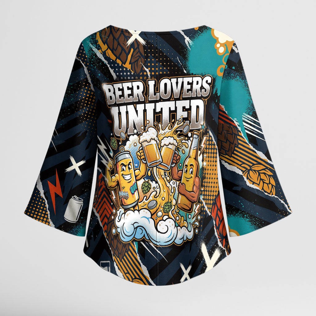 Beer Lovers United Brew Mode On Kimono Sleeve Blouse Retro Comic Beer Characters Clinking Glasses