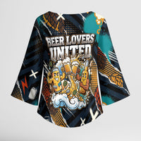 Beer Lovers United Brew Mode On Kimono Sleeve Blouse Retro Comic Beer Characters Clinking Glasses