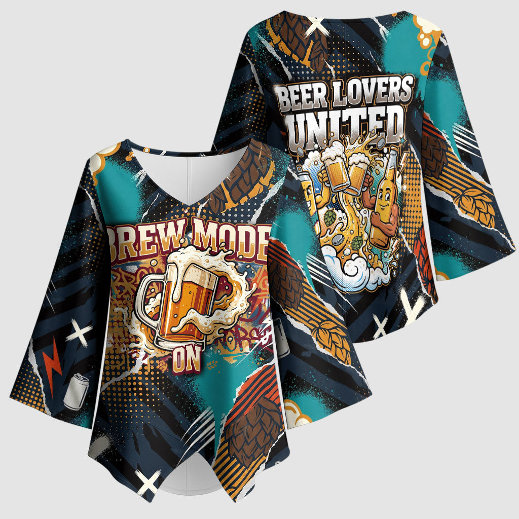 Beer Lovers United Brew Mode On Kimono Sleeve Blouse Retro Comic Beer Characters Clinking Glasses