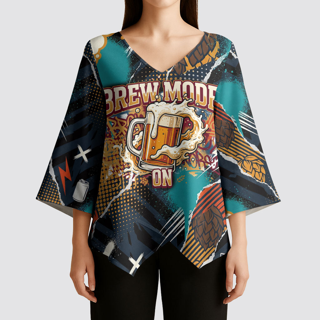 Beer Lovers United Brew Mode On Kimono Sleeve Blouse Retro Comic Beer Characters Clinking Glasses