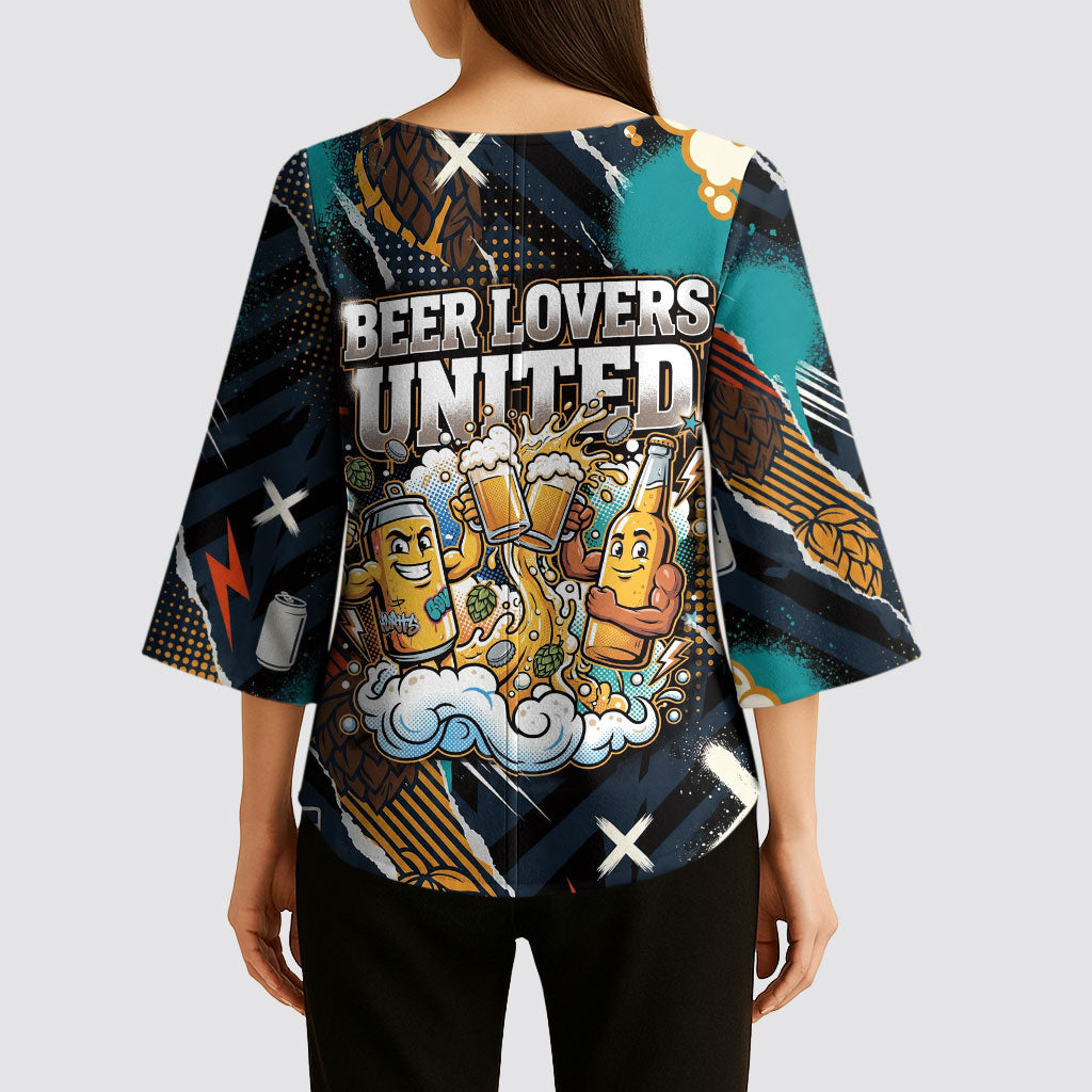 Beer Lovers United Brew Mode On Kimono Sleeve Blouse Retro Comic Beer Characters Clinking Glasses