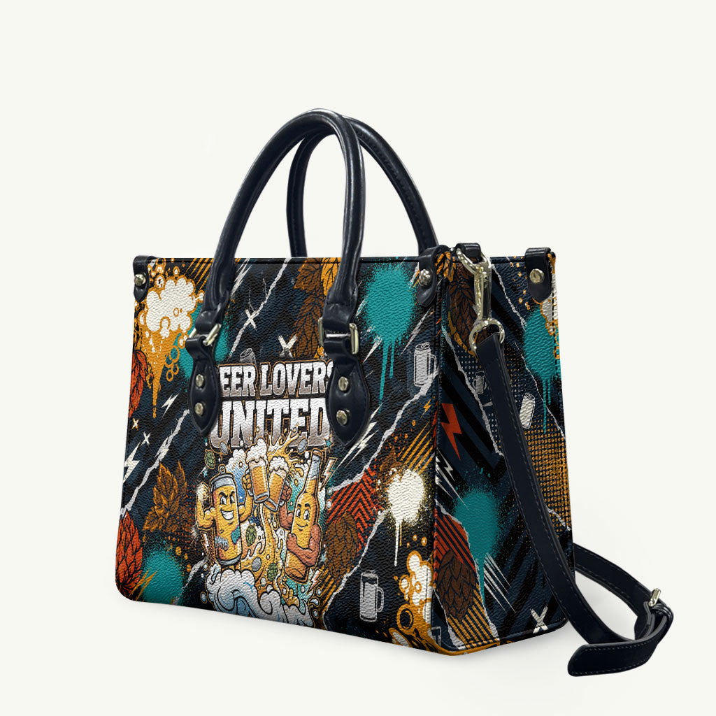 Beer Lovers United Brew Mode On Leather Bag Retro Comic Beer Characters Clinking Glasses