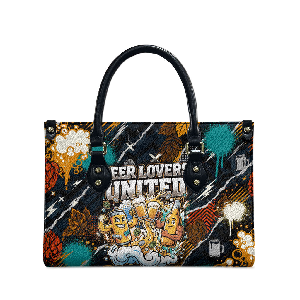 Beer Lovers United Brew Mode On Leather Bag Retro Comic Beer Characters Clinking Glasses