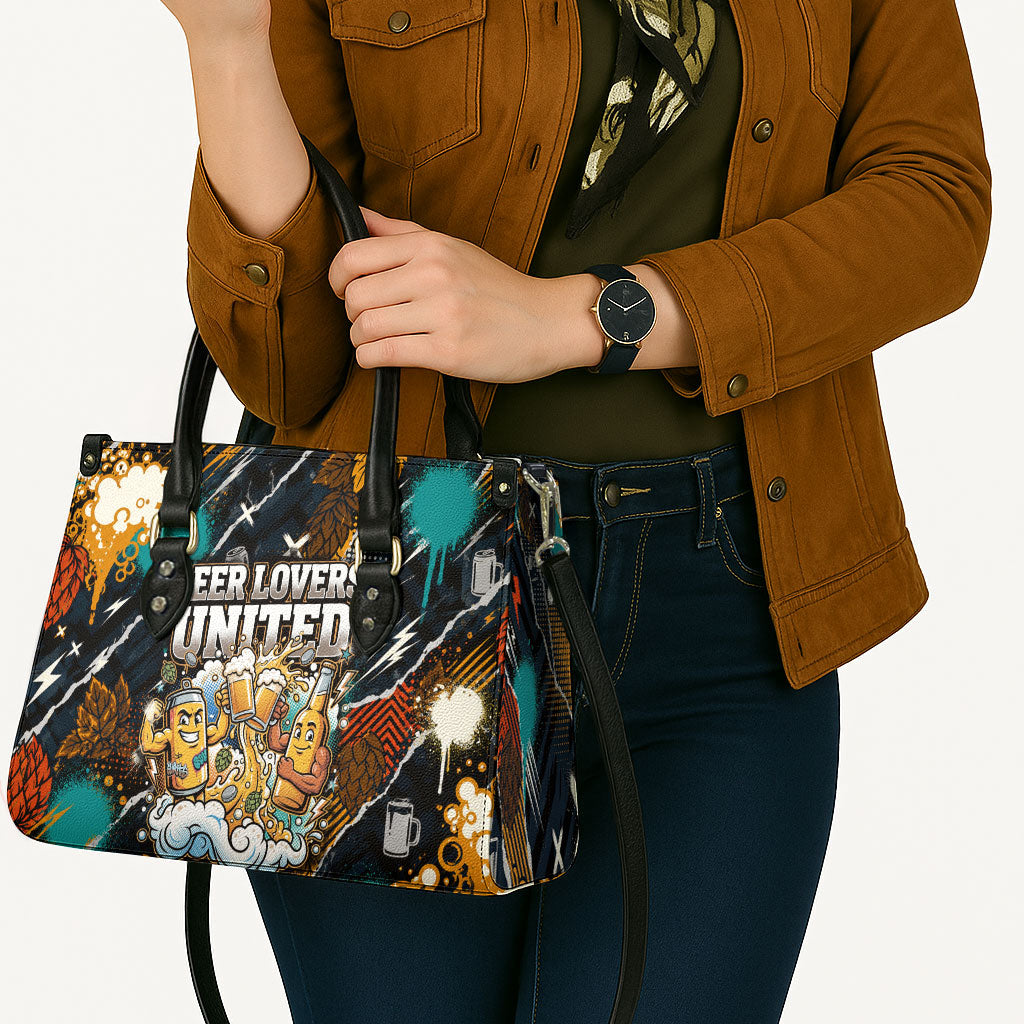 Beer Lovers United Brew Mode On Leather Bag Retro Comic Beer Characters Clinking Glasses