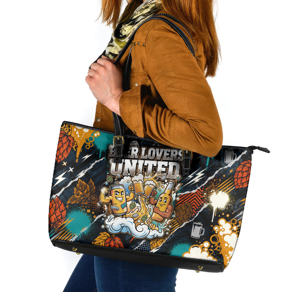 Beer Lovers United Brew Mode On Leather Tote Bag Retro Comic Beer Characters Clinking Glasses