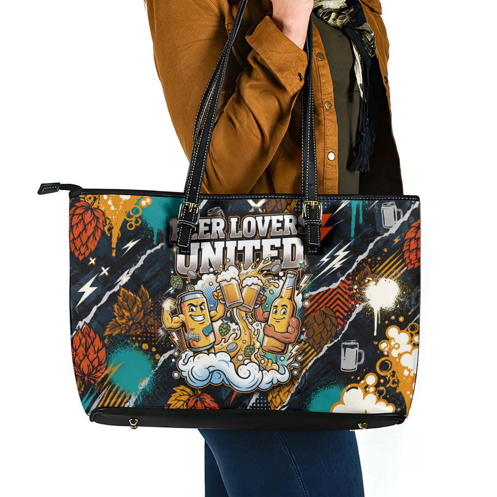 Beer Lovers United Brew Mode On Leather Tote Bag Retro Comic Beer Characters Clinking Glasses