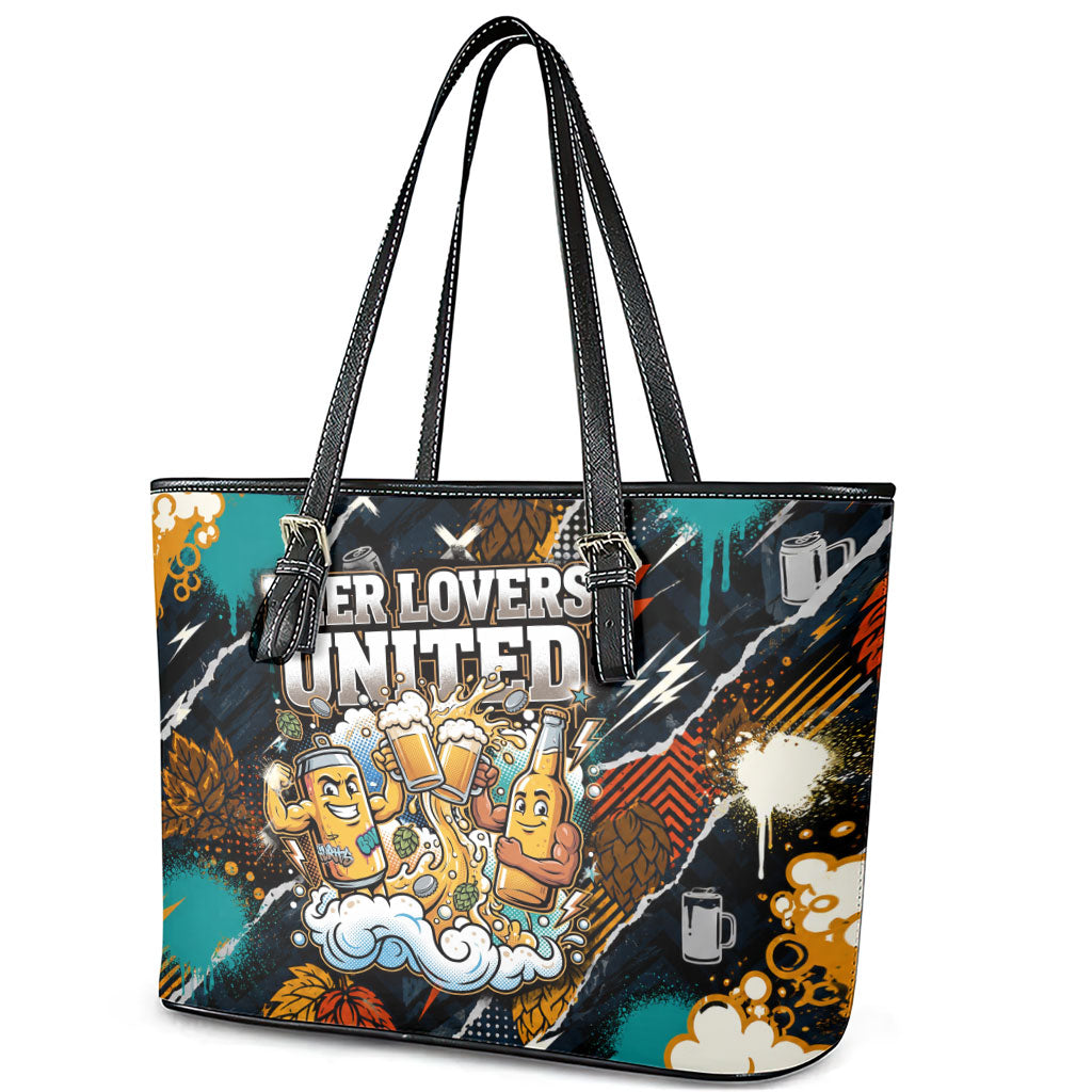 Beer Lovers United Brew Mode On Leather Tote Bag Retro Comic Beer Characters Clinking Glasses