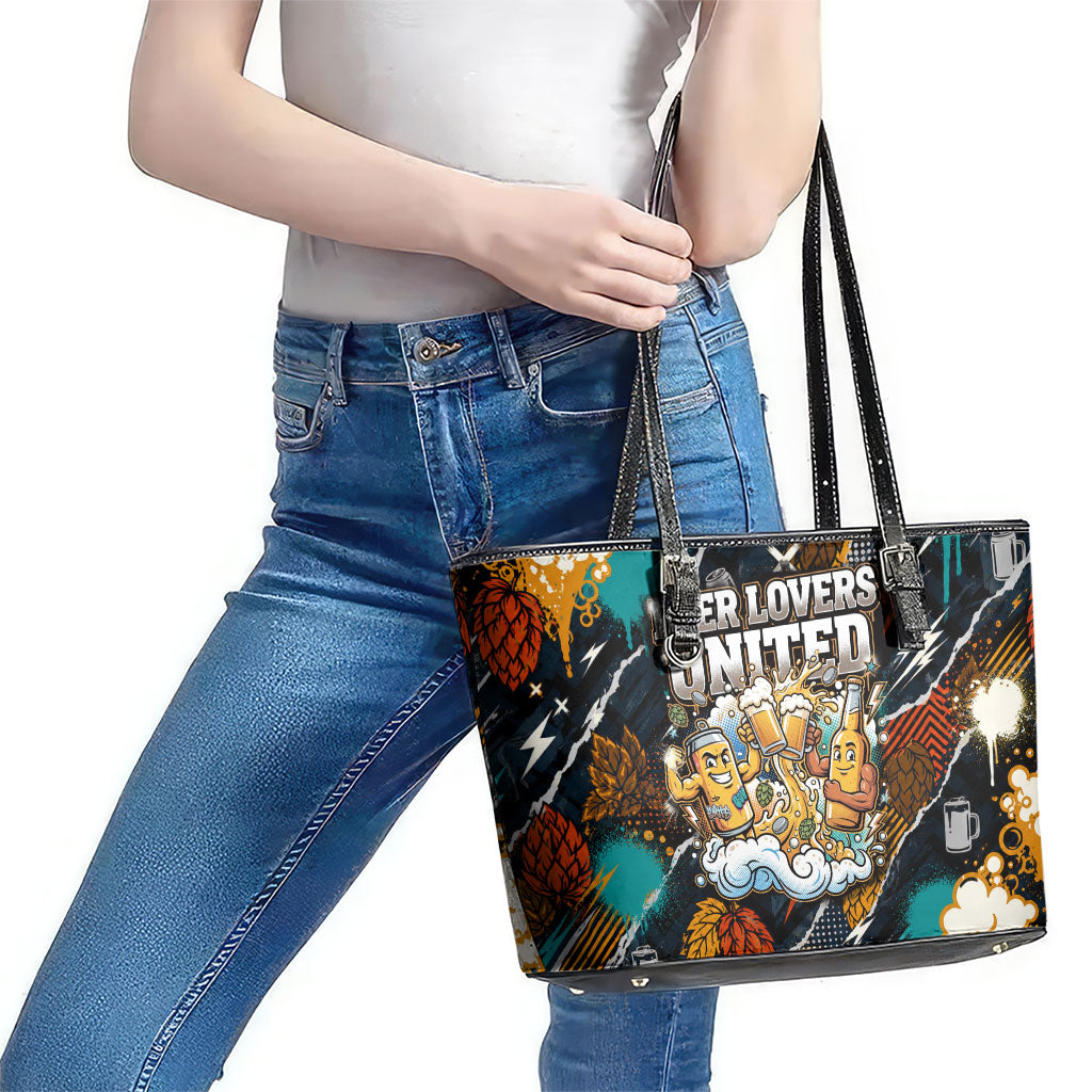Beer Lovers United Brew Mode On Leather Tote Bag Retro Comic Beer Characters Clinking Glasses