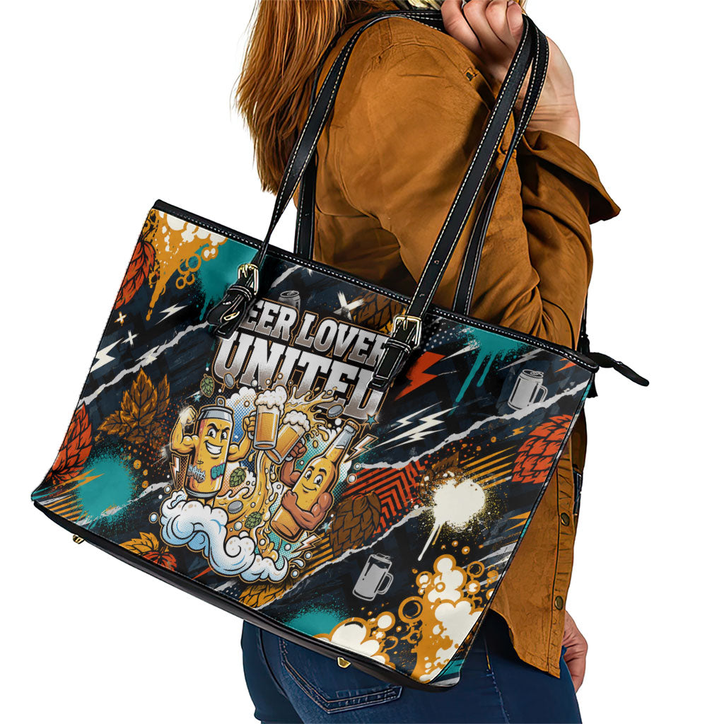 Beer Lovers United Brew Mode On Leather Tote Bag Retro Comic Beer Characters Clinking Glasses