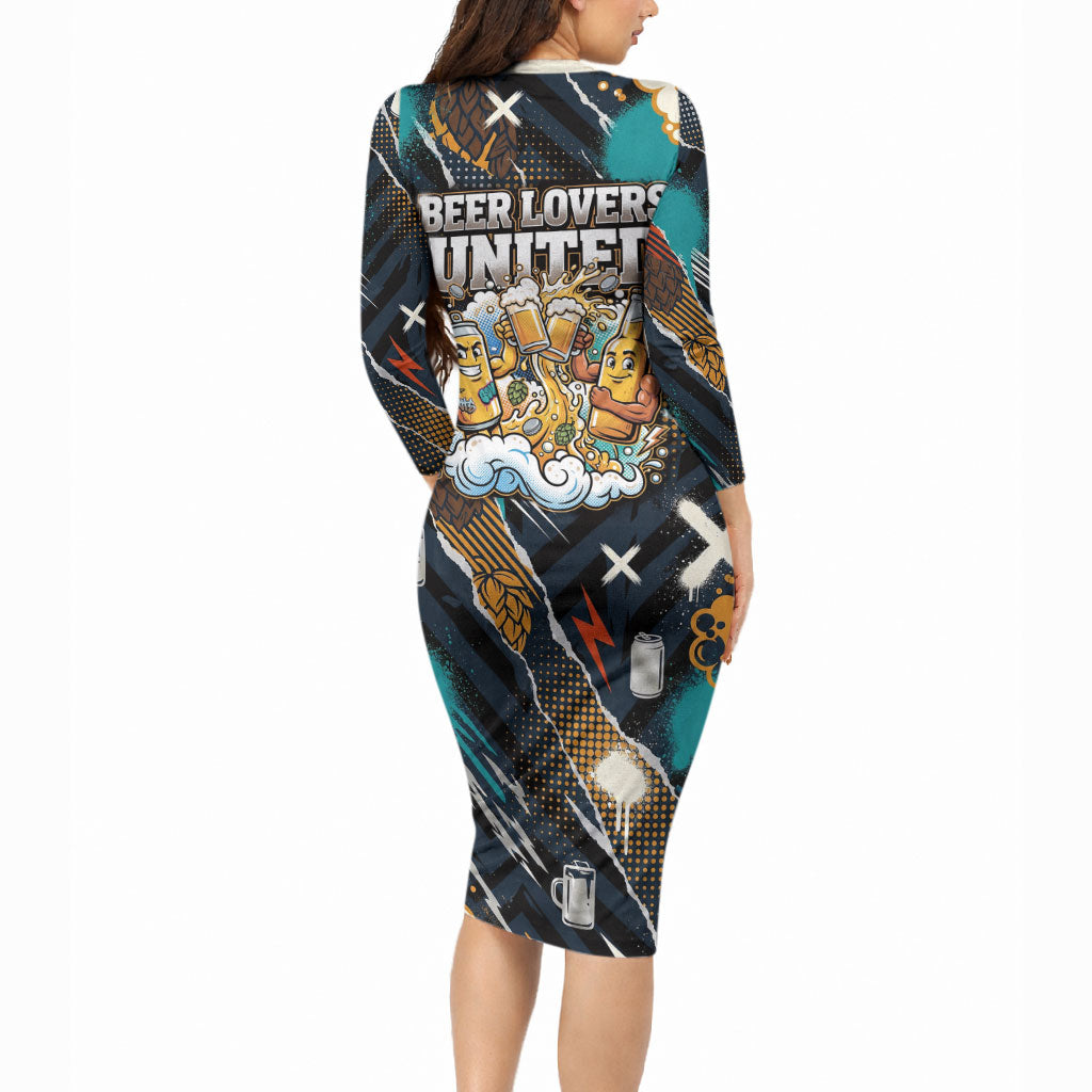 Beer Lovers United Brew Mode On Long Sleeve Bodycon Dress Retro Comic Beer Characters Clinking Glasses