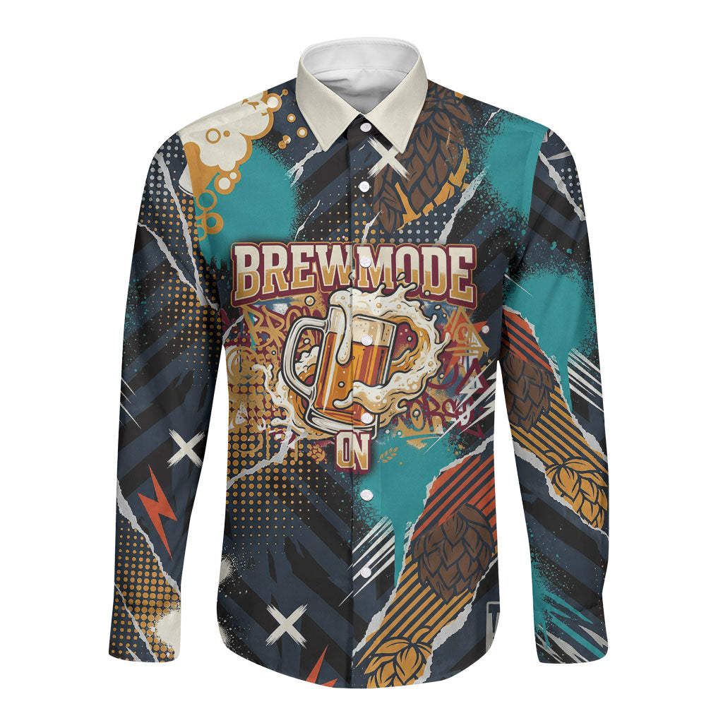 Beer Lovers United Brew Mode On Long Sleeve Button Shirt Retro Comic Beer Characters Clinking Glasses