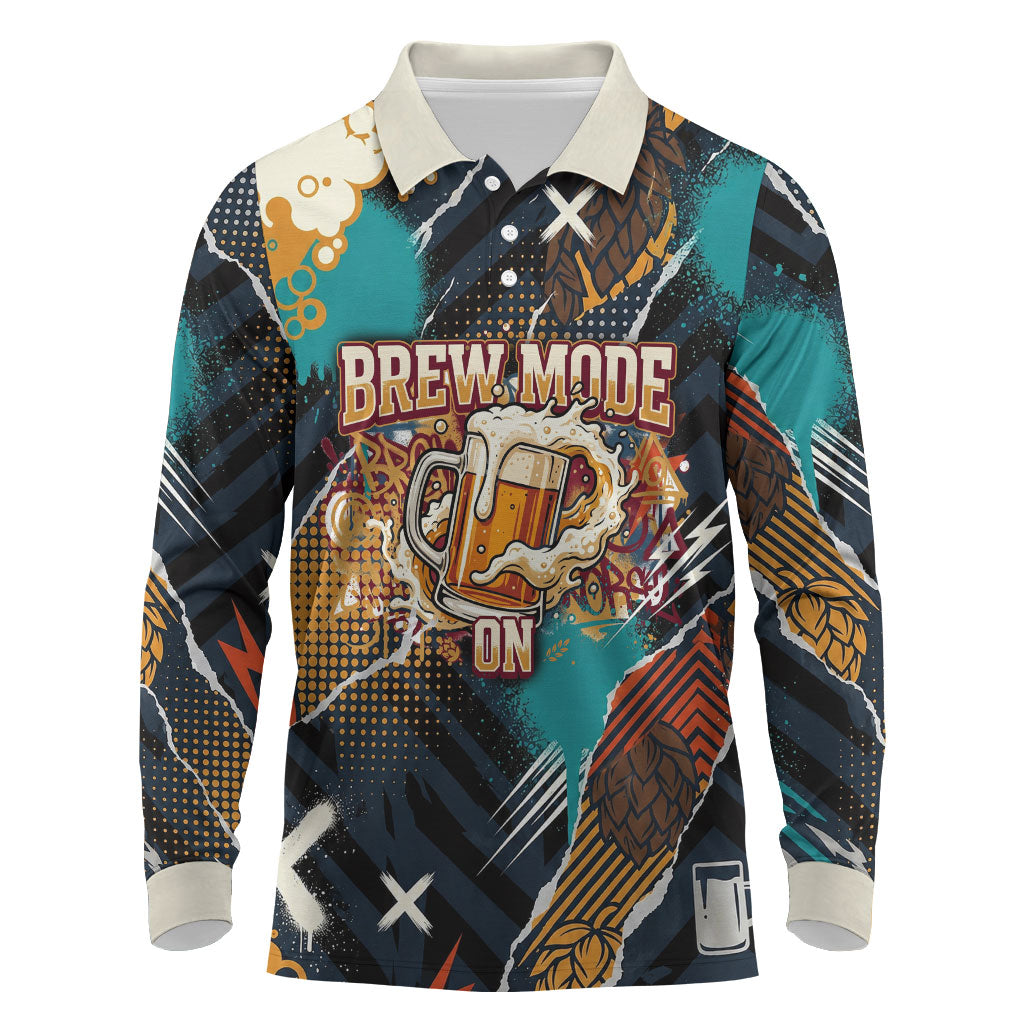 Beer Lovers United Brew Mode On Long Sleeve Polo Shirt Retro Comic Beer Characters Clinking Glasses