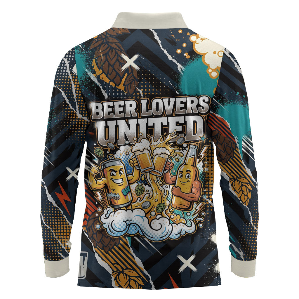 Beer Lovers United Brew Mode On Long Sleeve Polo Shirt Retro Comic Beer Characters Clinking Glasses