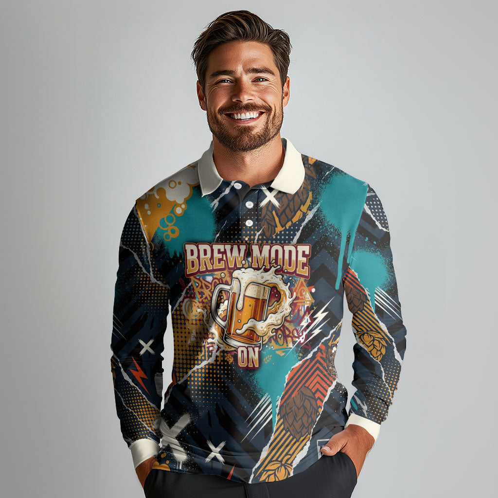 Beer Lovers United Brew Mode On Long Sleeve Polo Shirt Retro Comic Beer Characters Clinking Glasses