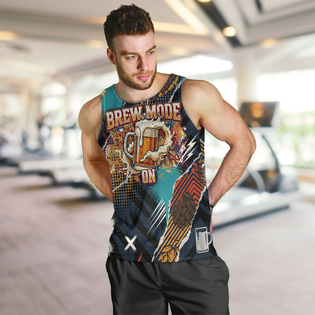 Beer Lovers United Brew Mode On Men Tank Top Retro Comic Beer Characters Clinking Glasses