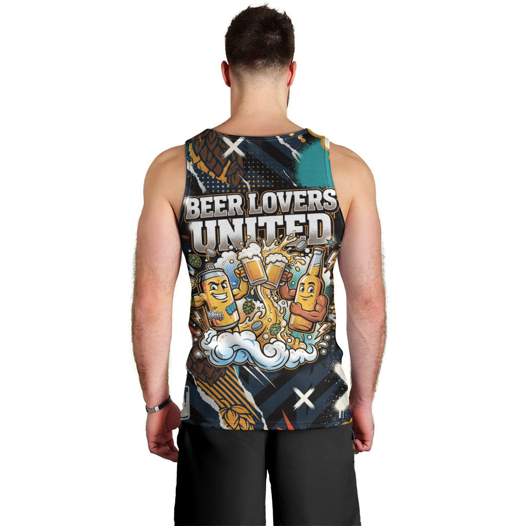 Beer Lovers United Brew Mode On Men Tank Top Retro Comic Beer Characters Clinking Glasses