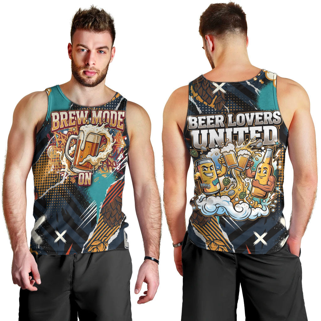 Beer Lovers United Brew Mode On Men Tank Top Retro Comic Beer Characters Clinking Glasses
