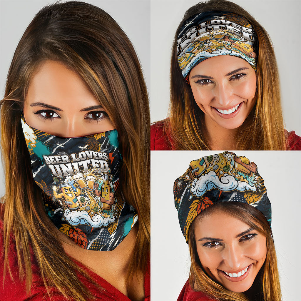 Beer Lovers United Brew Mode On Neck Gaiter Retro Comic Beer Characters Clinking Glasses