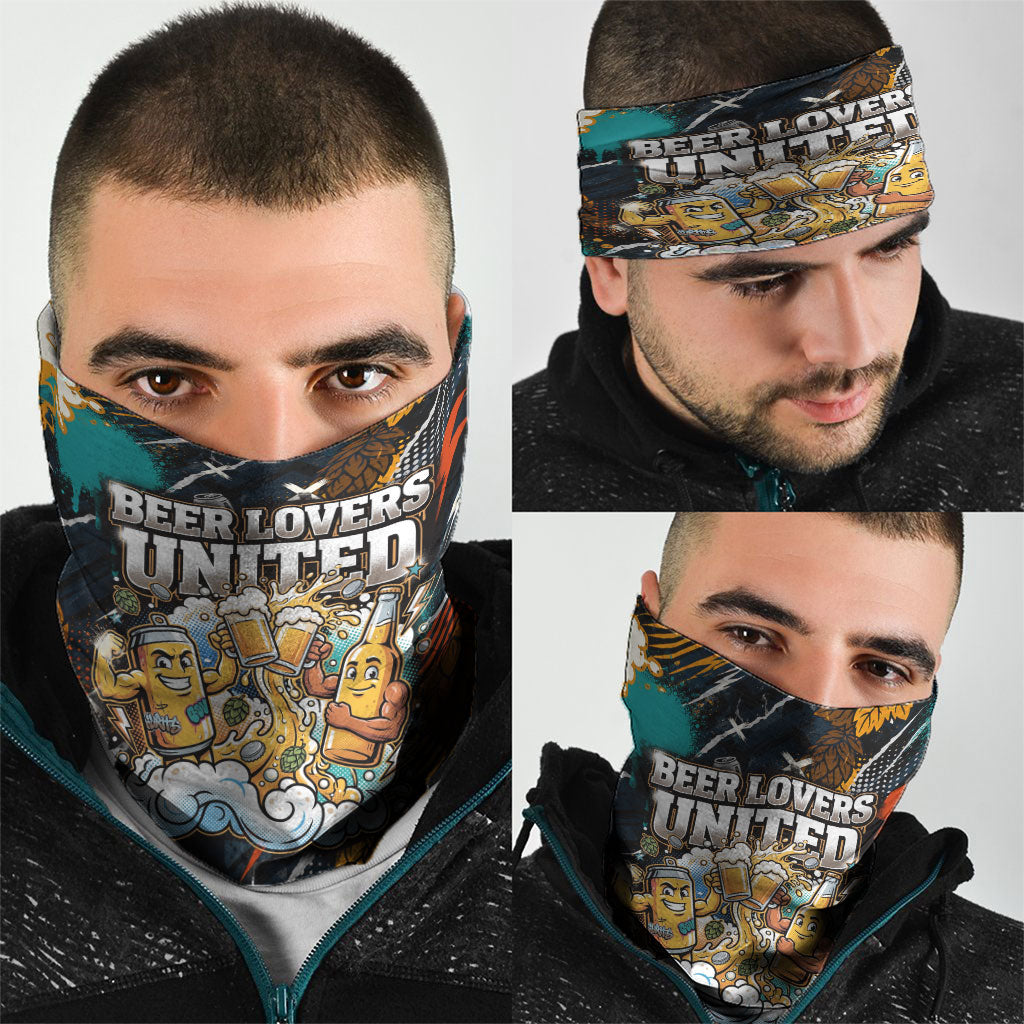 Beer Lovers United Brew Mode On Neck Gaiter Retro Comic Beer Characters Clinking Glasses