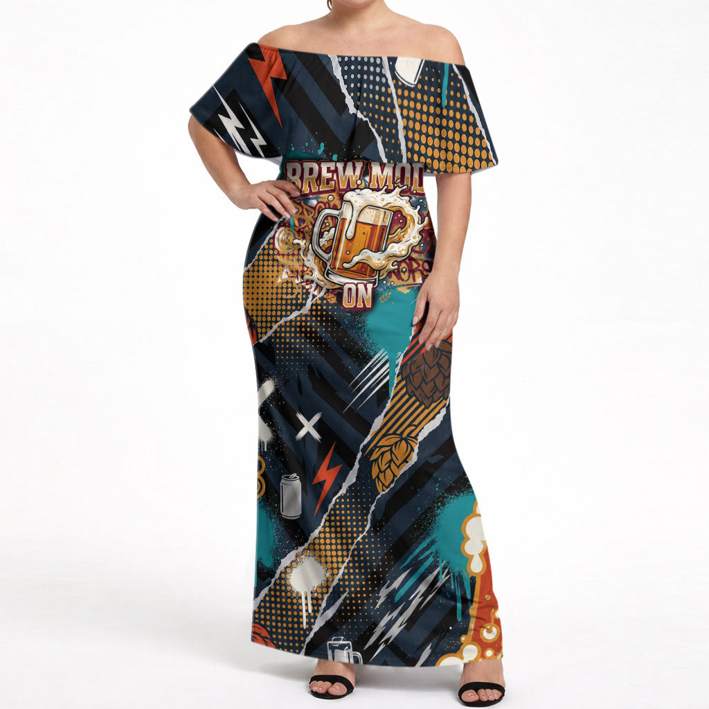 Beer Lovers United Brew Mode On Off Shoulder Maxi Dress Retro Comic Beer Characters Clinking Glasses