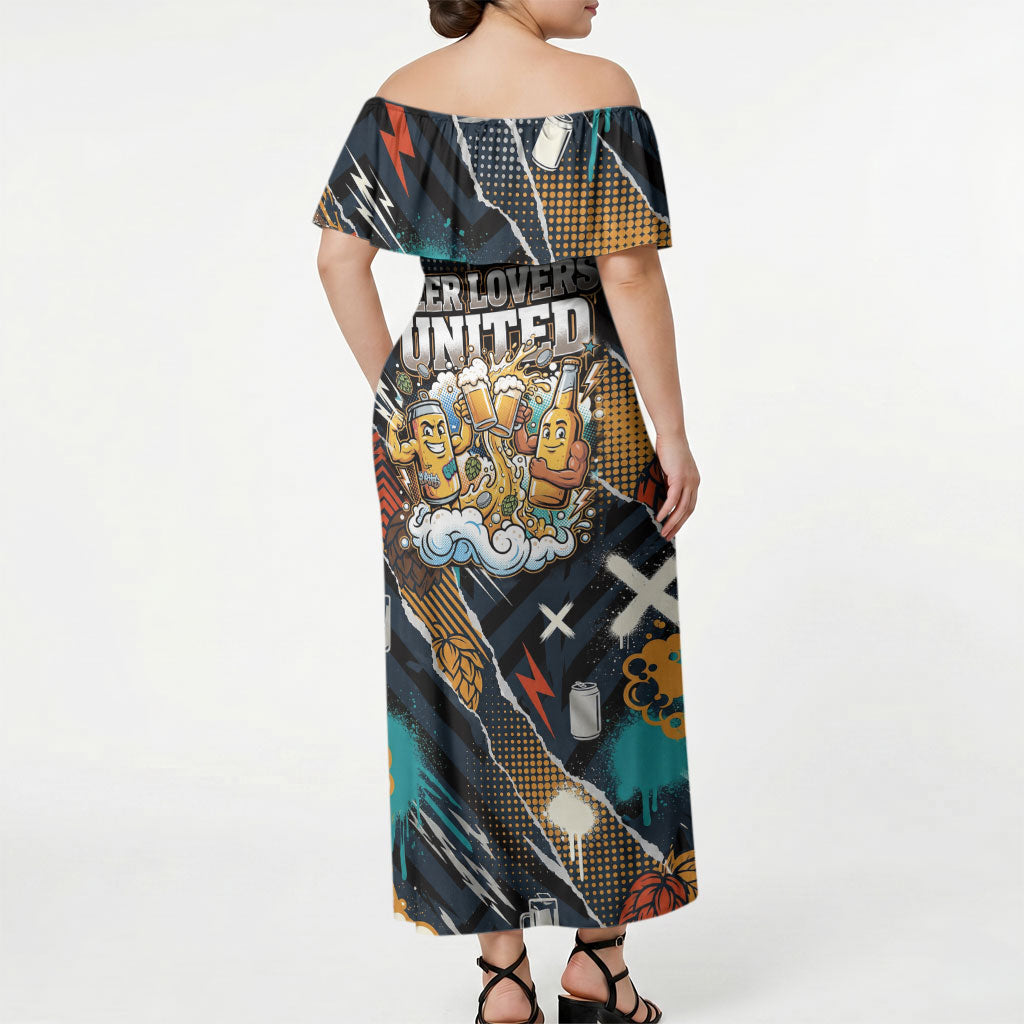 Beer Lovers United Brew Mode On Off Shoulder Maxi Dress Retro Comic Beer Characters Clinking Glasses