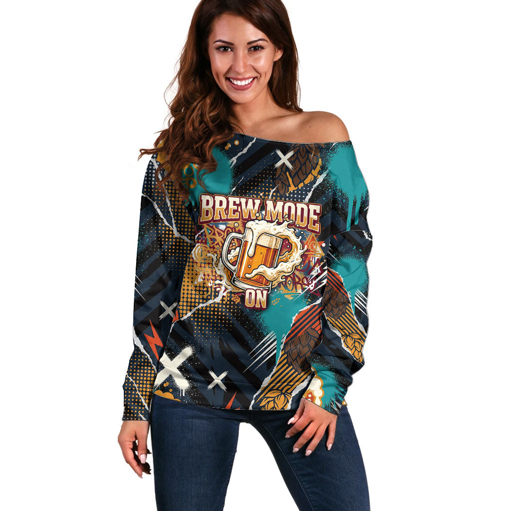 Beer Lovers United Brew Mode On Off Shoulder Sweater Retro Comic Beer Characters Clinking Glasses