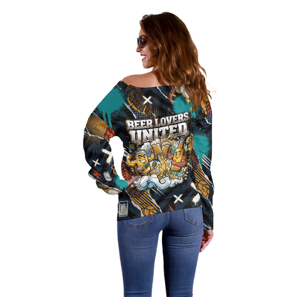 Beer Lovers United Brew Mode On Off Shoulder Sweater Retro Comic Beer Characters Clinking Glasses
