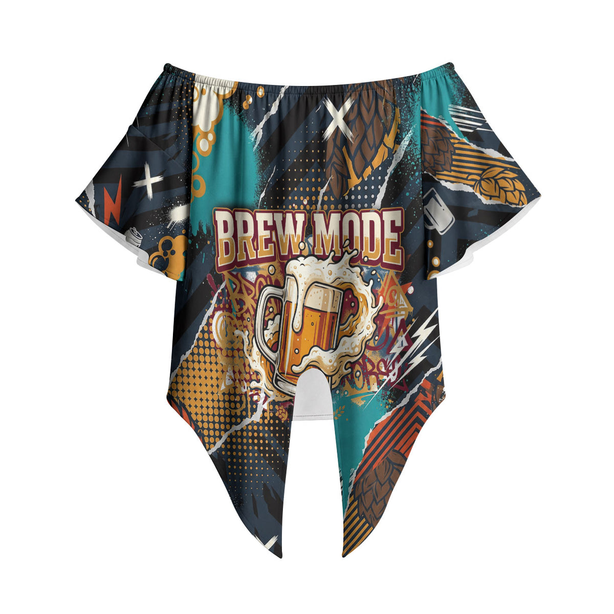 Beer Lovers United Brew Mode On Off Shoulder Wrap Waist Top Retro Comic Beer Characters Clinking Glasses