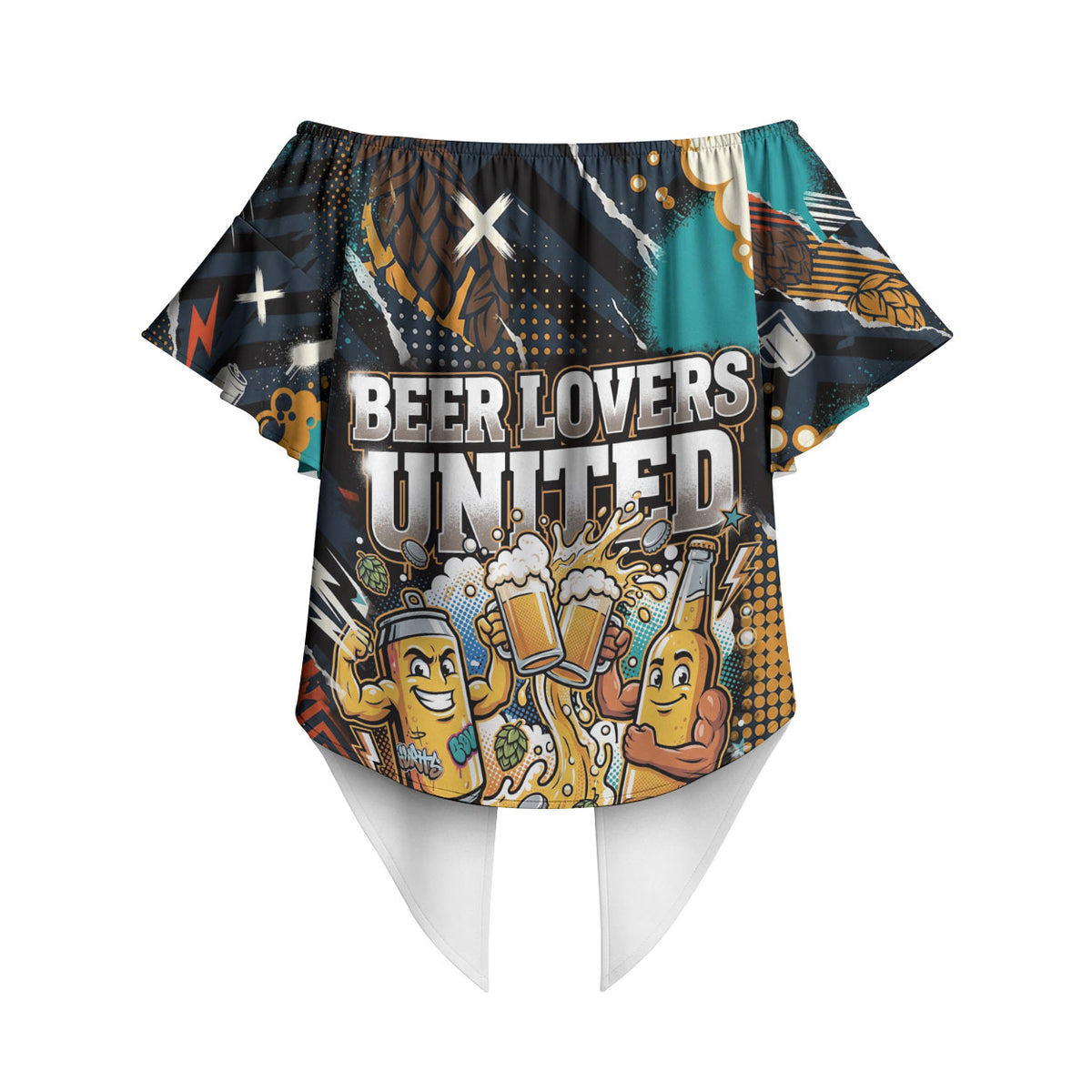 Beer Lovers United Brew Mode On Off Shoulder Wrap Waist Top Retro Comic Beer Characters Clinking Glasses