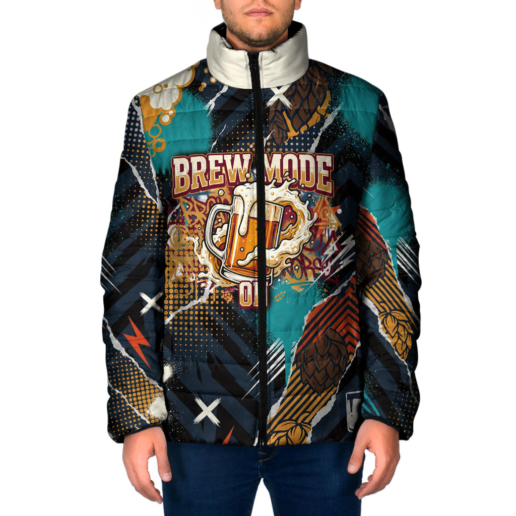 Beer Lovers United Brew Mode On Padded Jacket Retro Comic Beer Characters Clinking Glasses