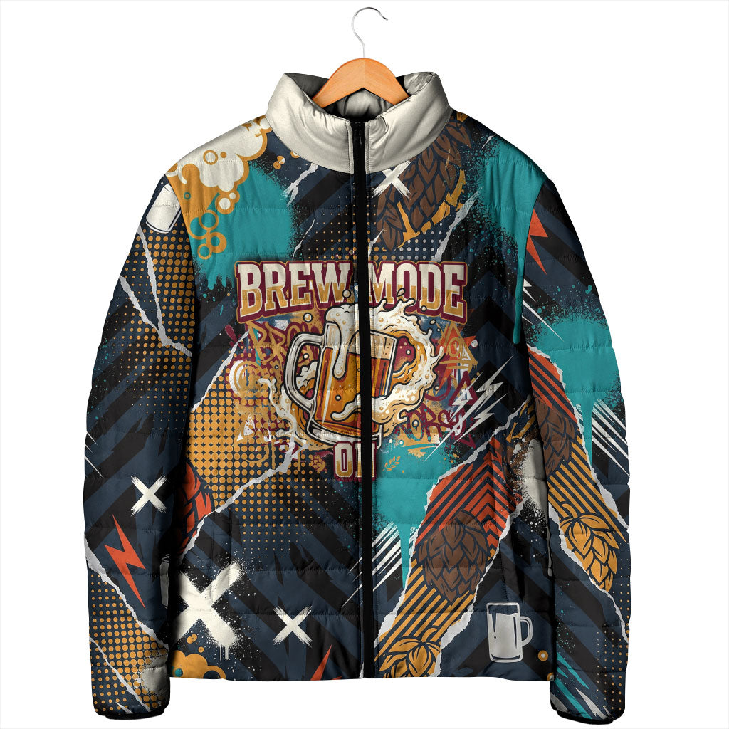 Beer Lovers United Brew Mode On Padded Jacket Retro Comic Beer Characters Clinking Glasses