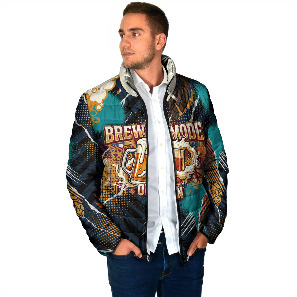 Beer Lovers United Brew Mode On Padded Jacket Retro Comic Beer Characters Clinking Glasses