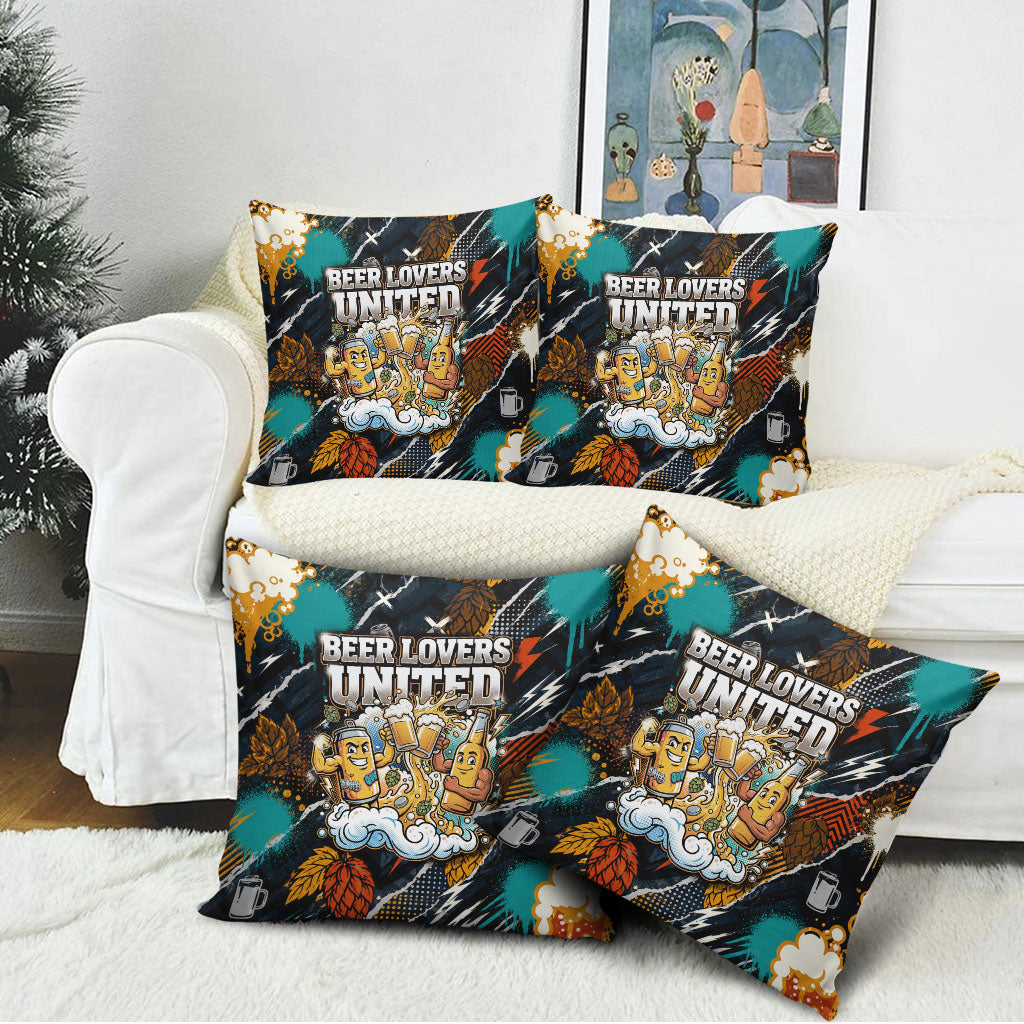 Beer Lovers United Brew Mode On Pillow Cover Retro Comic Beer Characters Clinking Glasses