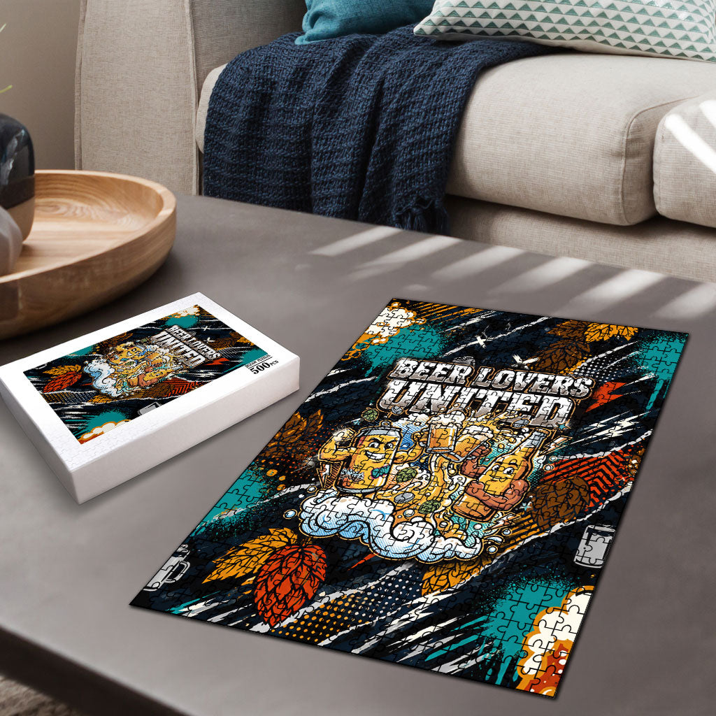 Beer Lovers United Brew Mode On Puzzle Retro Comic Beer Characters Clinking Glasses