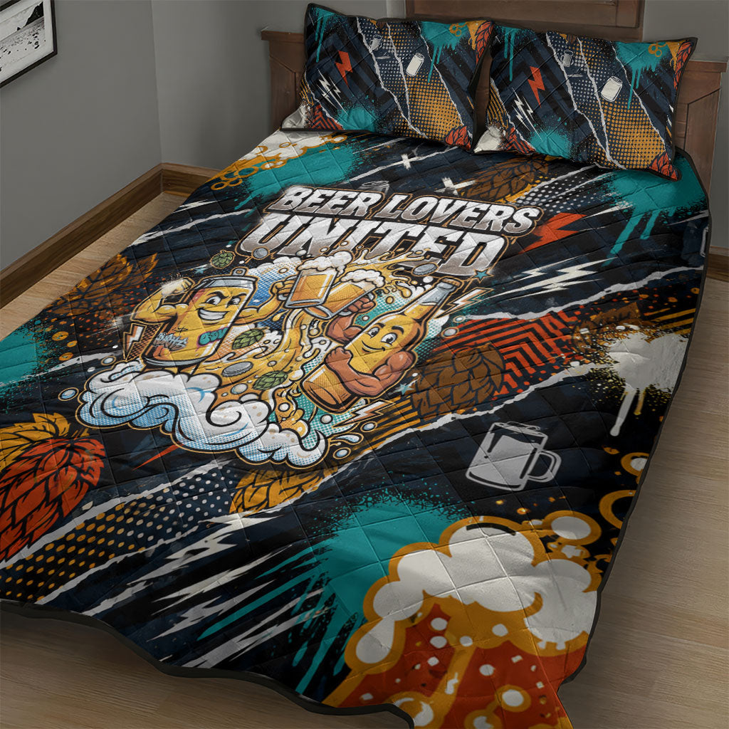 Beer Lovers United Brew Mode On Quilt Bed Set Retro Comic Beer Characters Clinking Glasses