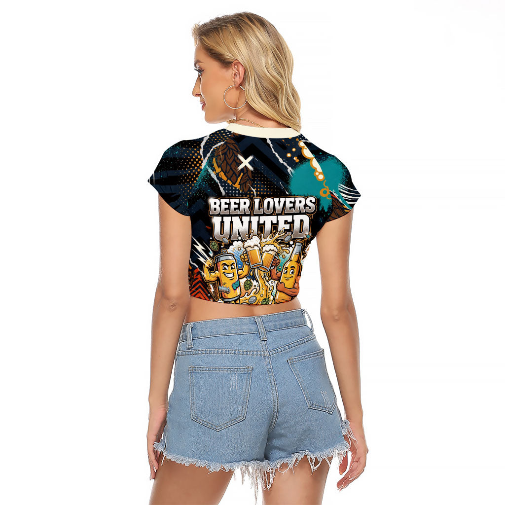 Beer Lovers United Brew Mode On Raglan Cropped T Shirt Retro Comic Beer Characters Clinking Glasses
