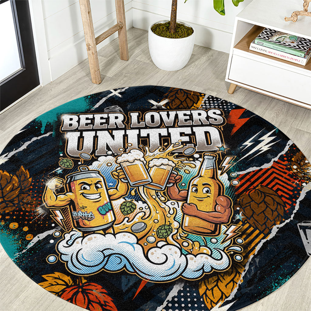 Beer Lovers United Brew Mode On Round Carpet Retro Comic Beer Characters Clinking Glasses
