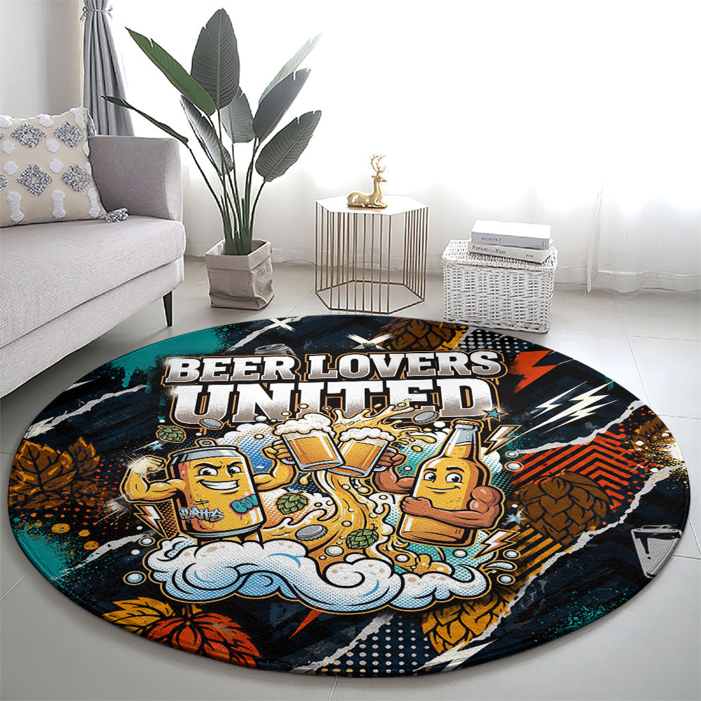 Beer Lovers United Brew Mode On Round Carpet Retro Comic Beer Characters Clinking Glasses