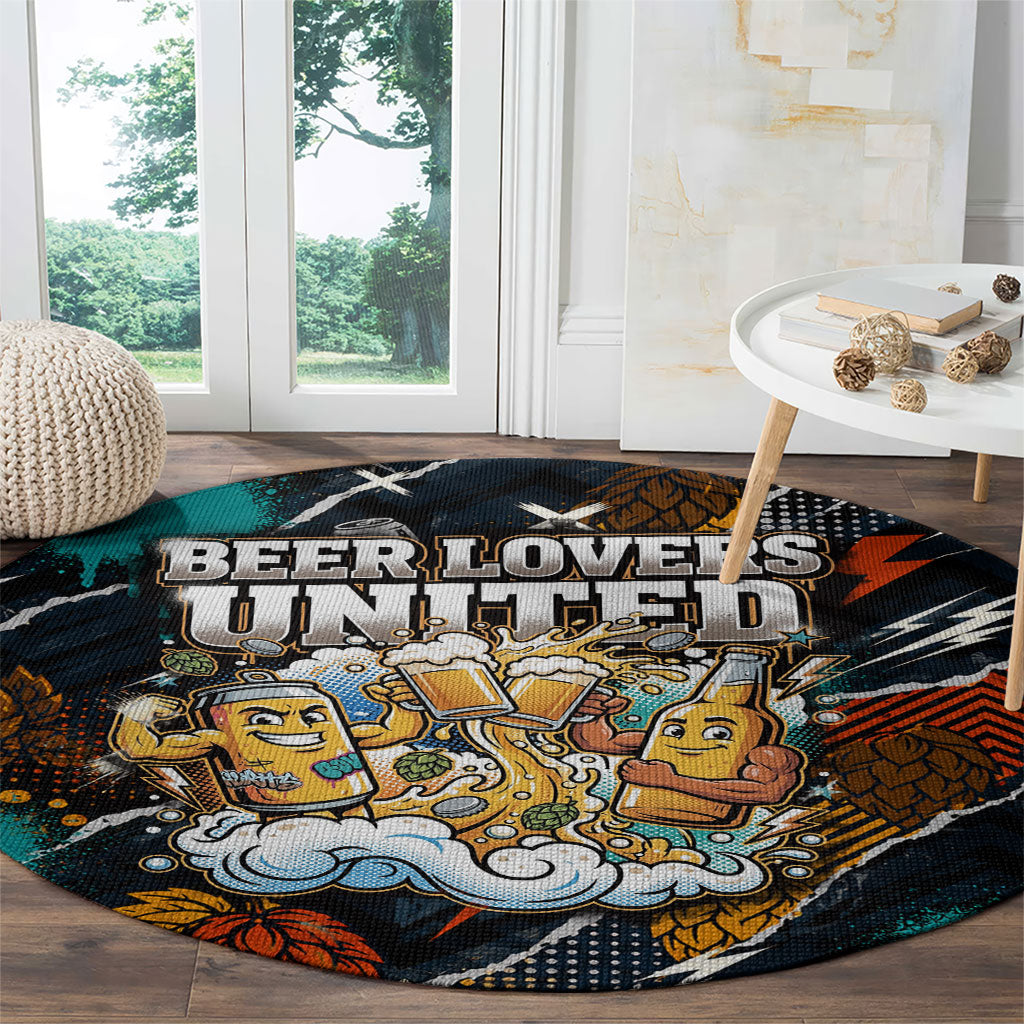 Beer Lovers United Brew Mode On Round Carpet Retro Comic Beer Characters Clinking Glasses