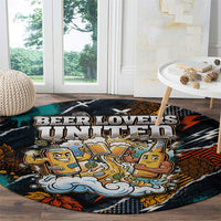 Beer Lovers United Brew Mode On Round Carpet Retro Comic Beer Characters Clinking Glasses
