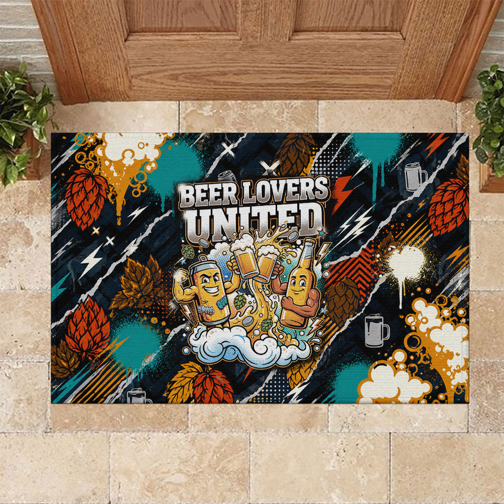 Beer Lovers United Brew Mode On Rubber Doormat Retro Comic Beer Characters Clinking Glasses