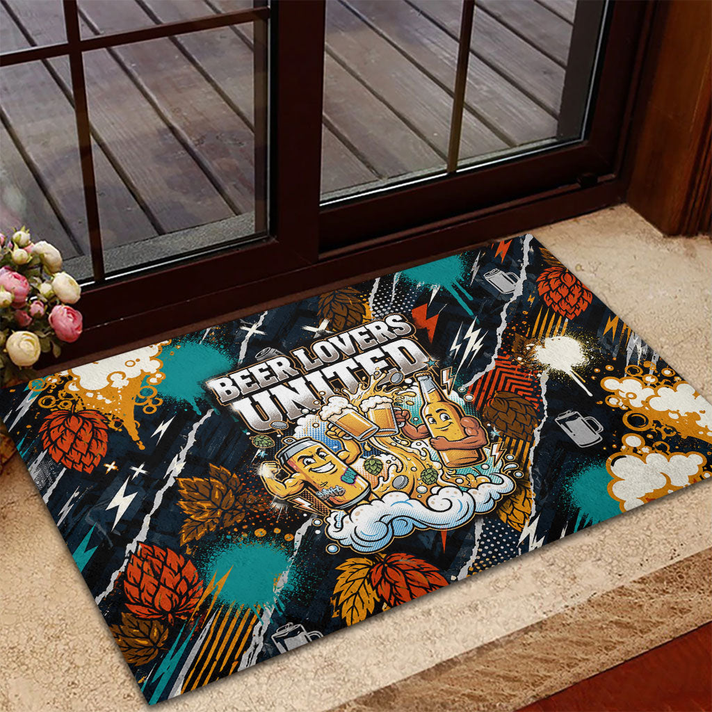 Beer Lovers United Brew Mode On Rubber Doormat Retro Comic Beer Characters Clinking Glasses