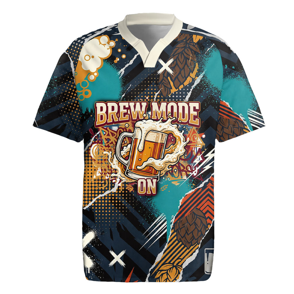 Beer Lovers United Brew Mode On Rugby Jersey Retro Comic Beer Characters Clinking Glasses