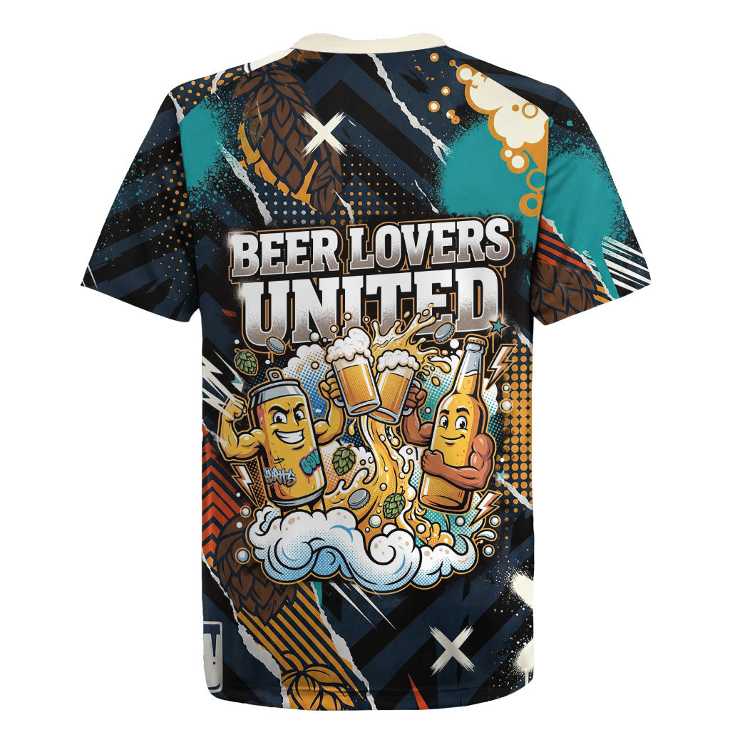 Beer Lovers United Brew Mode On Rugby Jersey Retro Comic Beer Characters Clinking Glasses