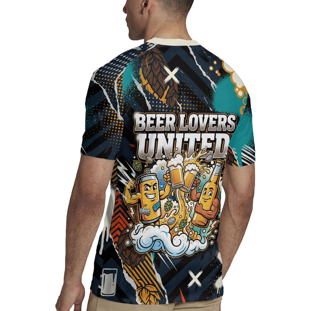 Beer Lovers United Brew Mode On Rugby Jersey Retro Comic Beer Characters Clinking Glasses