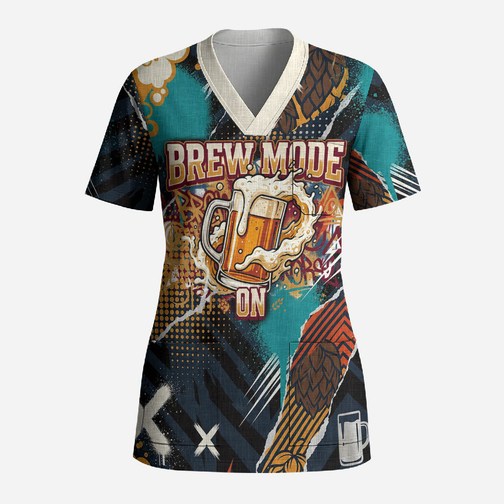 Beer Lovers United Brew Mode On Scrub Top Retro Comic Beer Characters Clinking Glasses
