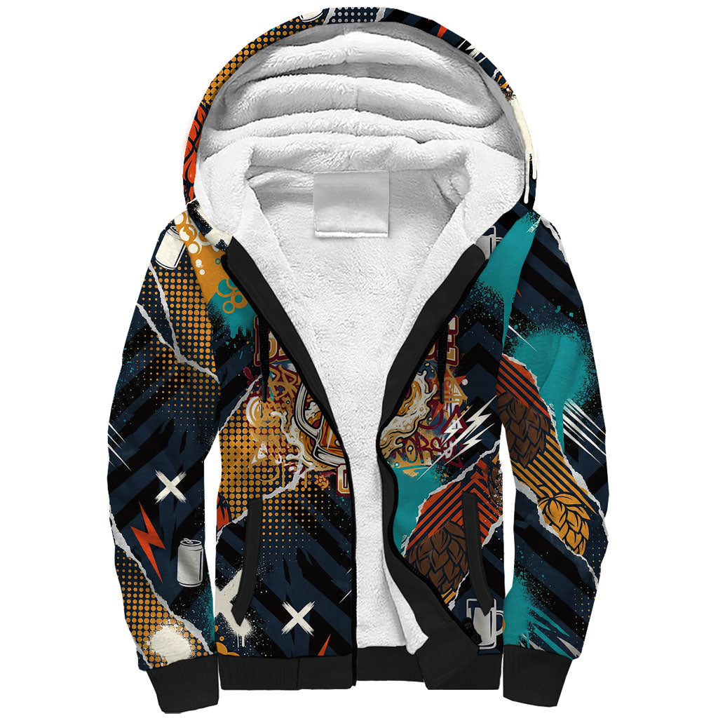 Beer Lovers United Brew Mode On Sherpa Hoodie Retro Comic Beer Characters Clinking Glasses
