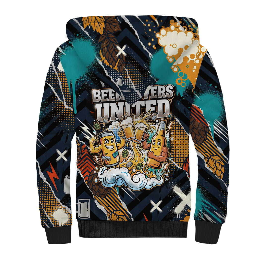Beer Lovers United Brew Mode On Sherpa Hoodie Retro Comic Beer Characters Clinking Glasses
