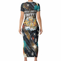 Beer Lovers United Brew Mode On Short Sleeve Bodycon Dress Retro Comic Beer Characters Clinking Glasses