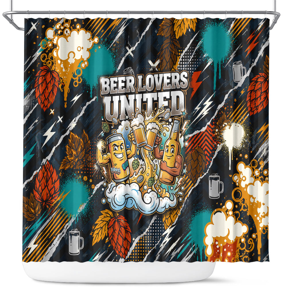 Beer Lovers United Brew Mode On Shower Curtain Retro Comic Beer Characters Clinking Glasses
